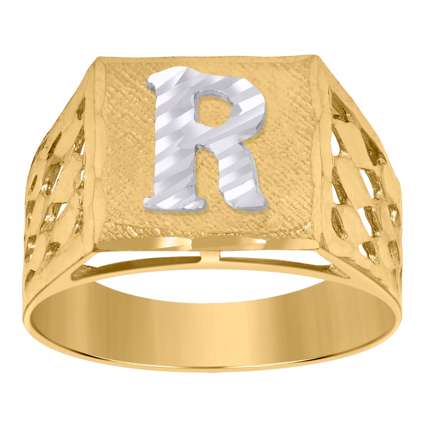 10K Two-Tone Gold Mens Diamond-Cut Textured Initial Letter Band Ring
