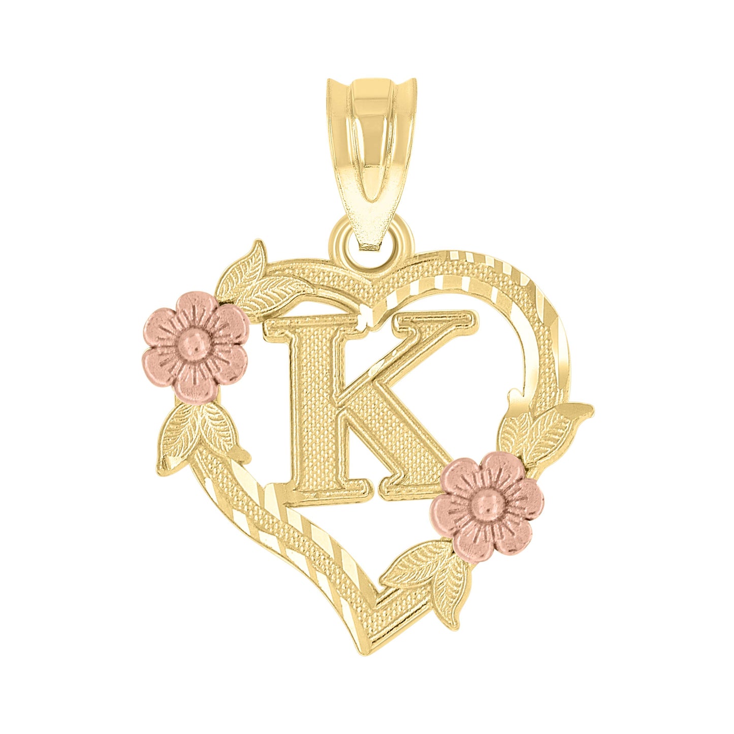 10K Two-Tone Gold Womens Heart Flower Initial Letter Charm Pendant