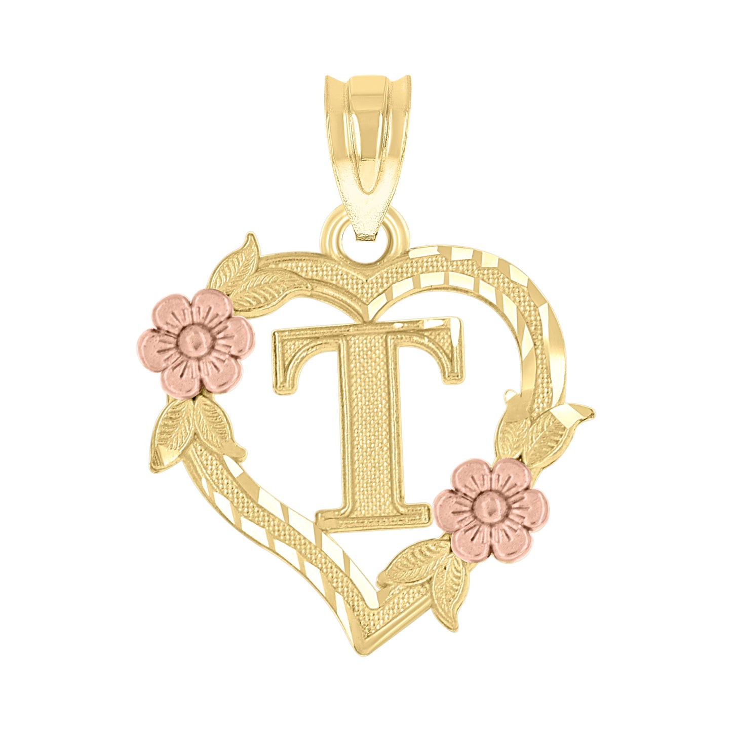10K Two-Tone Gold Womens Heart Flower Initial Letter Charm Pendant