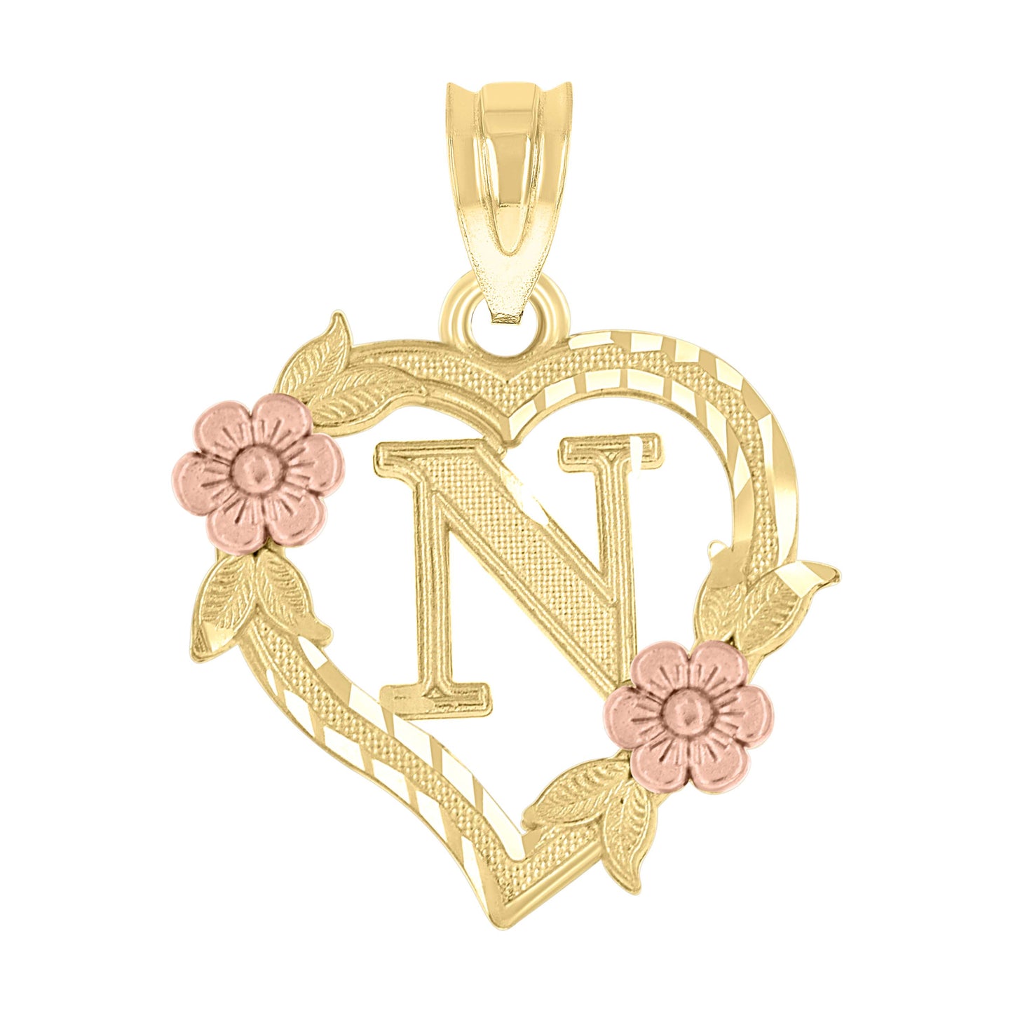 10K Two-Tone Gold Womens Heart Flower Initial Letter Charm Pendant