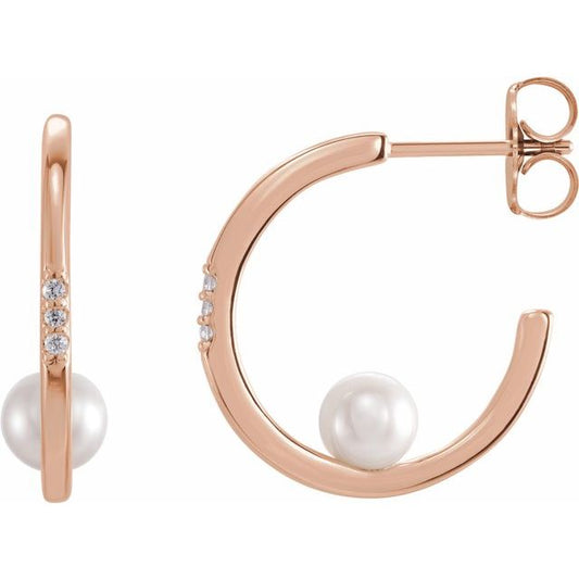 14K Rose Gold 4.5-5.0 Mm Friction Backs Polished White Freshwater Cultured Pearl And .025 Ctw Natural Diamond Earrings