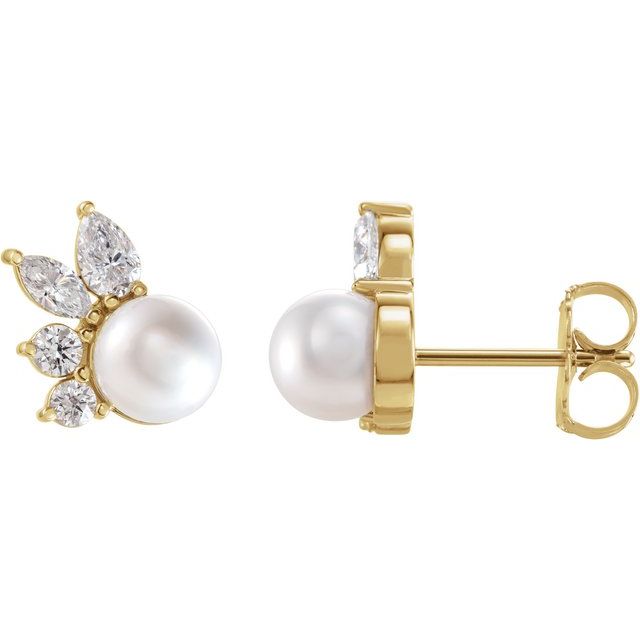 14K Yellow Gold 5.5 Mm Friction Backs Polished Cultured White Akoya Pearl And 1/2 Ctw Natural Diamond Earrings