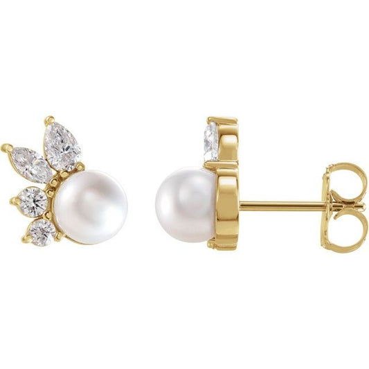 14K Yellow Gold 5.5 Mm Friction Backs Polished Cultured White Akoya Pearl And 1/2 Ctw Natural Diamond Earrings