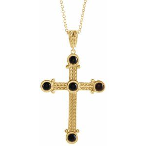 14K Yellow Gold Round 3 Mm  Natural Onyx Cross Necklace, Length: 18 In
