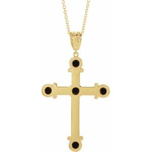 14K Yellow Gold Round 3 Mm  Natural Onyx Cross Necklace, Length: 18 In