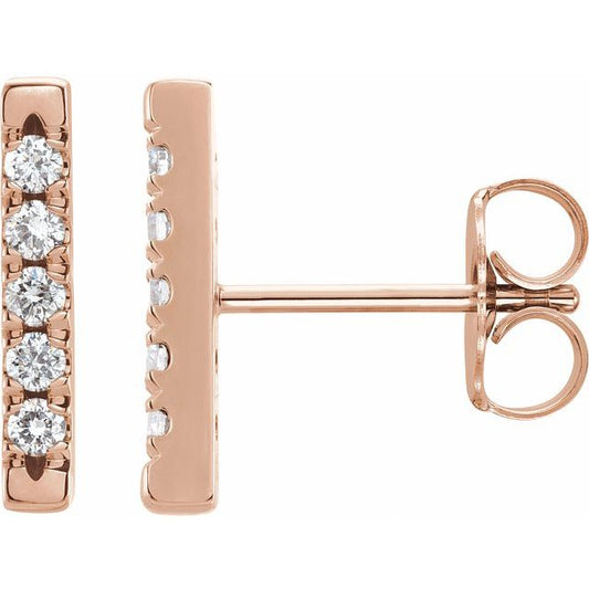 14K Rose Gold 11.2 X 1.9 Mm Round 1.5Mm Pair Friction Back Polished 1/8 Ctw Natural Diamond French-Set Bar Earrings
