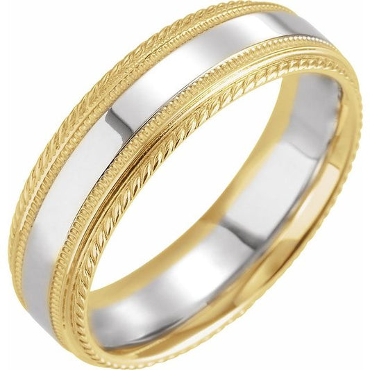 14K Yellow/White/Yellow Gold 6 Mm Polished Milgrain Rope Stepped Edge Comfort-Fit Band, Size 8.5