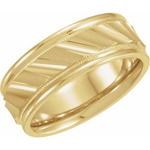 14K Yellow Or White Gold Or Sterling Silver Or Platinum 6.75 mm Milgrain Edge Diagonal Grooved Comfort-Fit Half Round Band