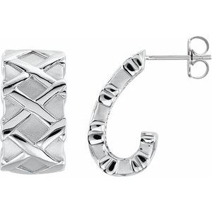 14K White Gold Patterned J Hoop Earrings