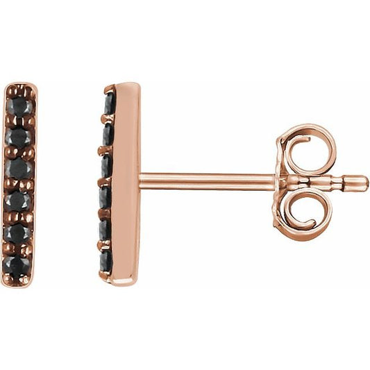 14K Rose Gold 1.2 Mm Round Friction Back Polished 1/10 Ctw Black Natural Diamond Bar Earrings