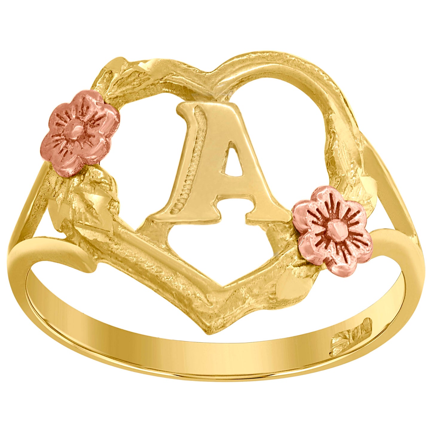 10K Two-Tone Gold Womens Diamond Cut Textured Initial Letter Heart Bridal Anniversary Engagement Wedding Band Ring