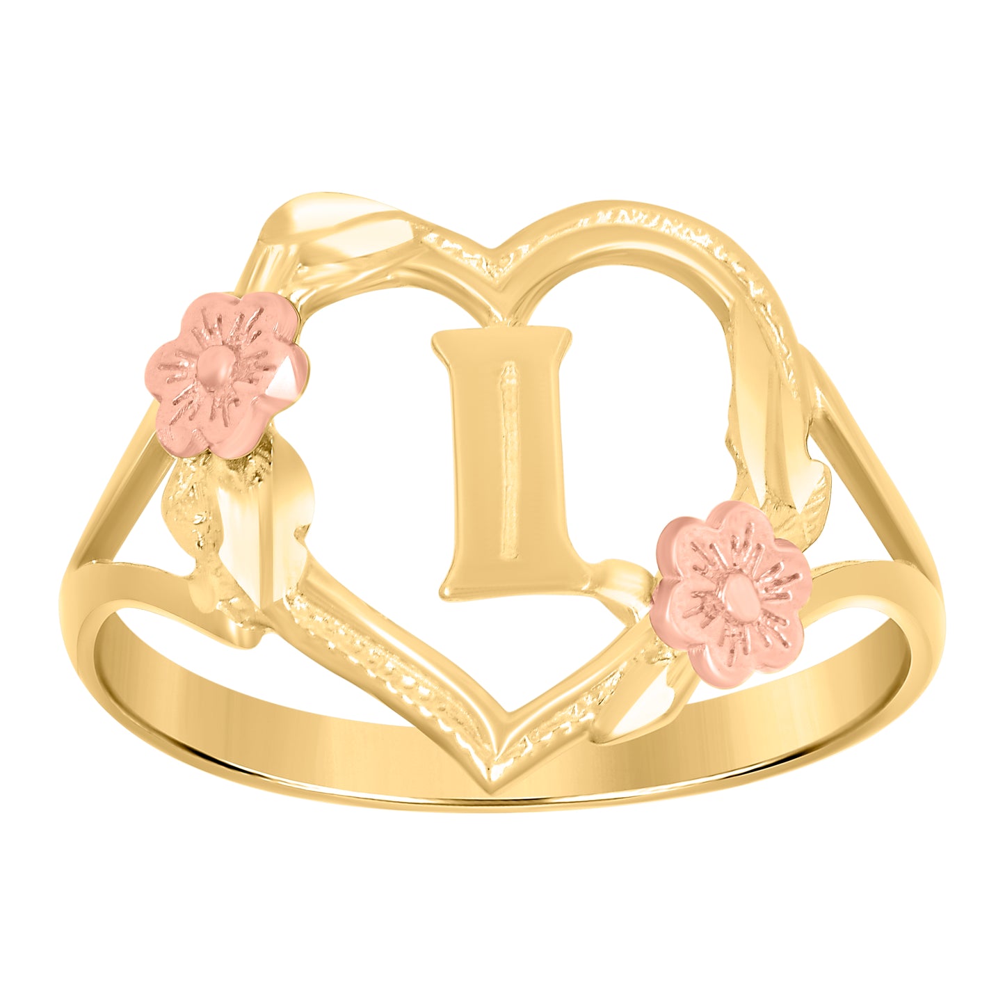 10K Two-Tone Gold Womens Diamond Cut Textured Initial Letter Heart Bridal Anniversary Engagement Wedding Band Ring