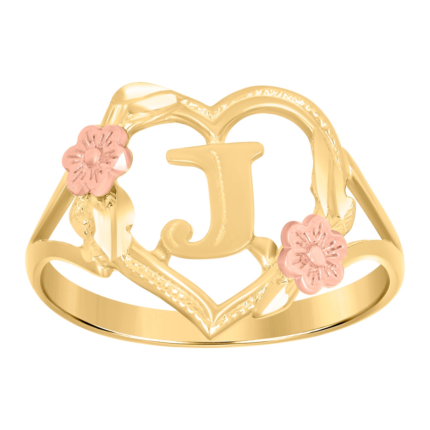 10K Two-Tone Gold Womens Diamond Cut Textured Initial Letter Heart Bridal Anniversary Engagement Wedding Band Ring
