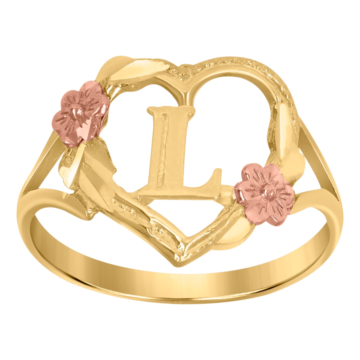 10K Two-Tone Gold Womens Diamond Cut Textured Initial Letter Heart Bridal Anniversary Engagement Wedding Band Ring