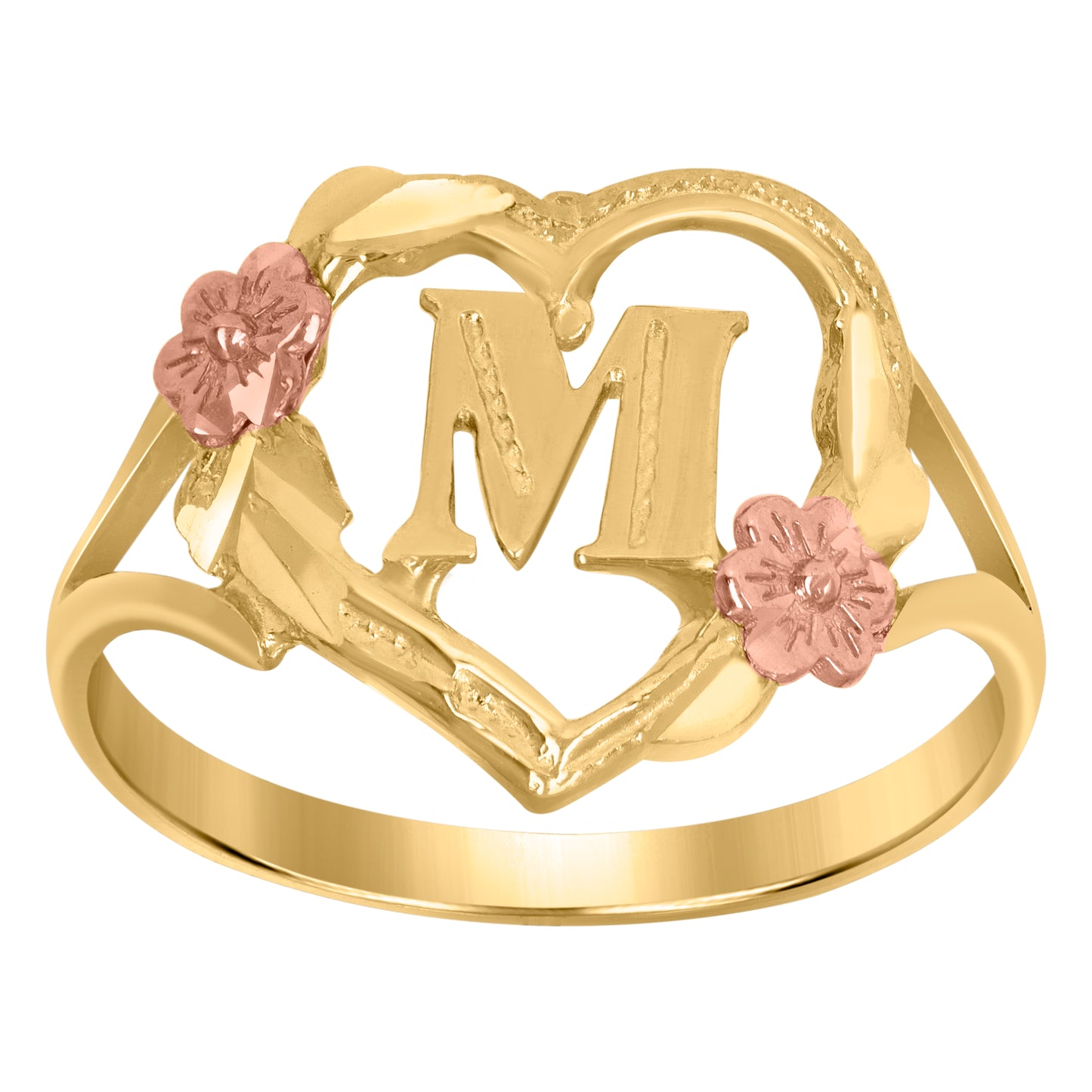 10K Two-Tone Gold Womens Diamond Cut Textured Initial Letter Heart Bridal Anniversary Engagement Wedding Band Ring