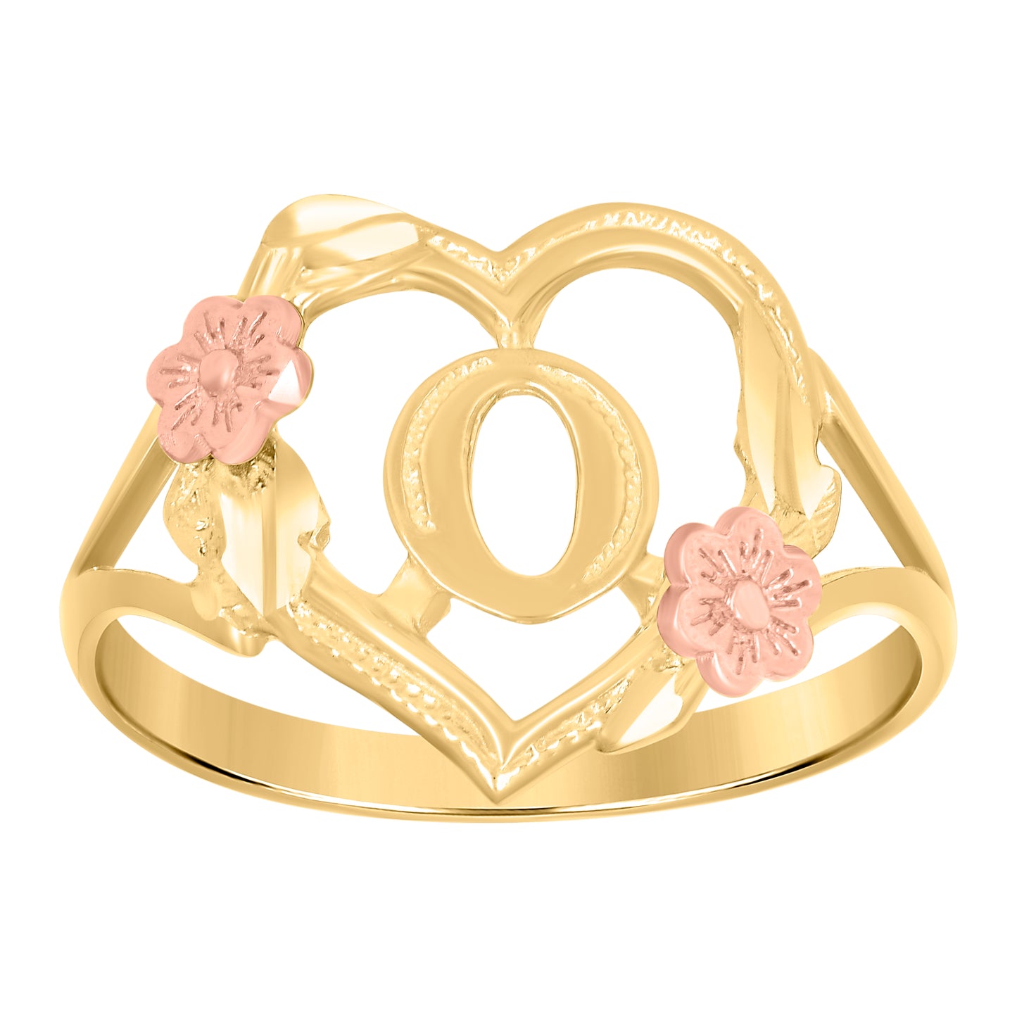 10K Two-Tone Gold Womens Diamond Cut Textured Initial Letter Heart Bridal Anniversary Engagement Wedding Band Ring