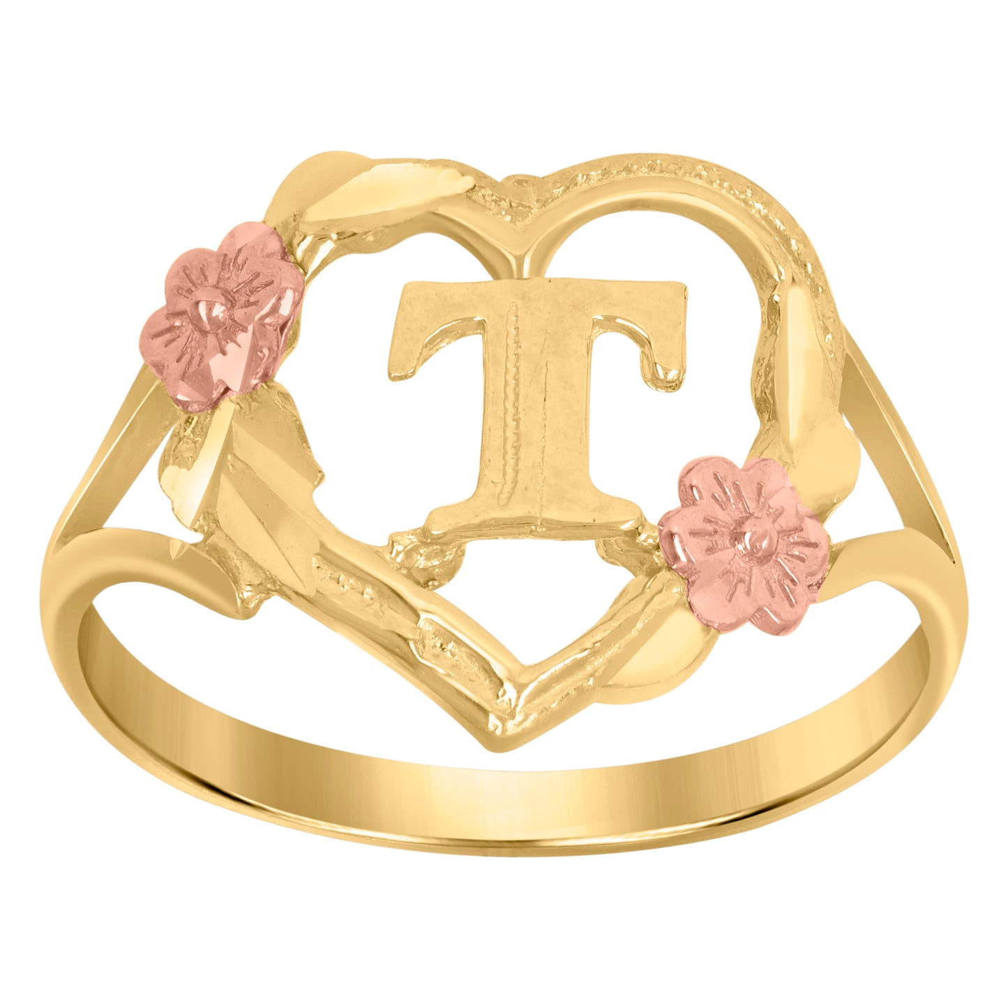 10K Two-Tone Gold Womens Diamond Cut Textured Initial Letter Heart Bridal Anniversary Engagement Wedding Band Ring