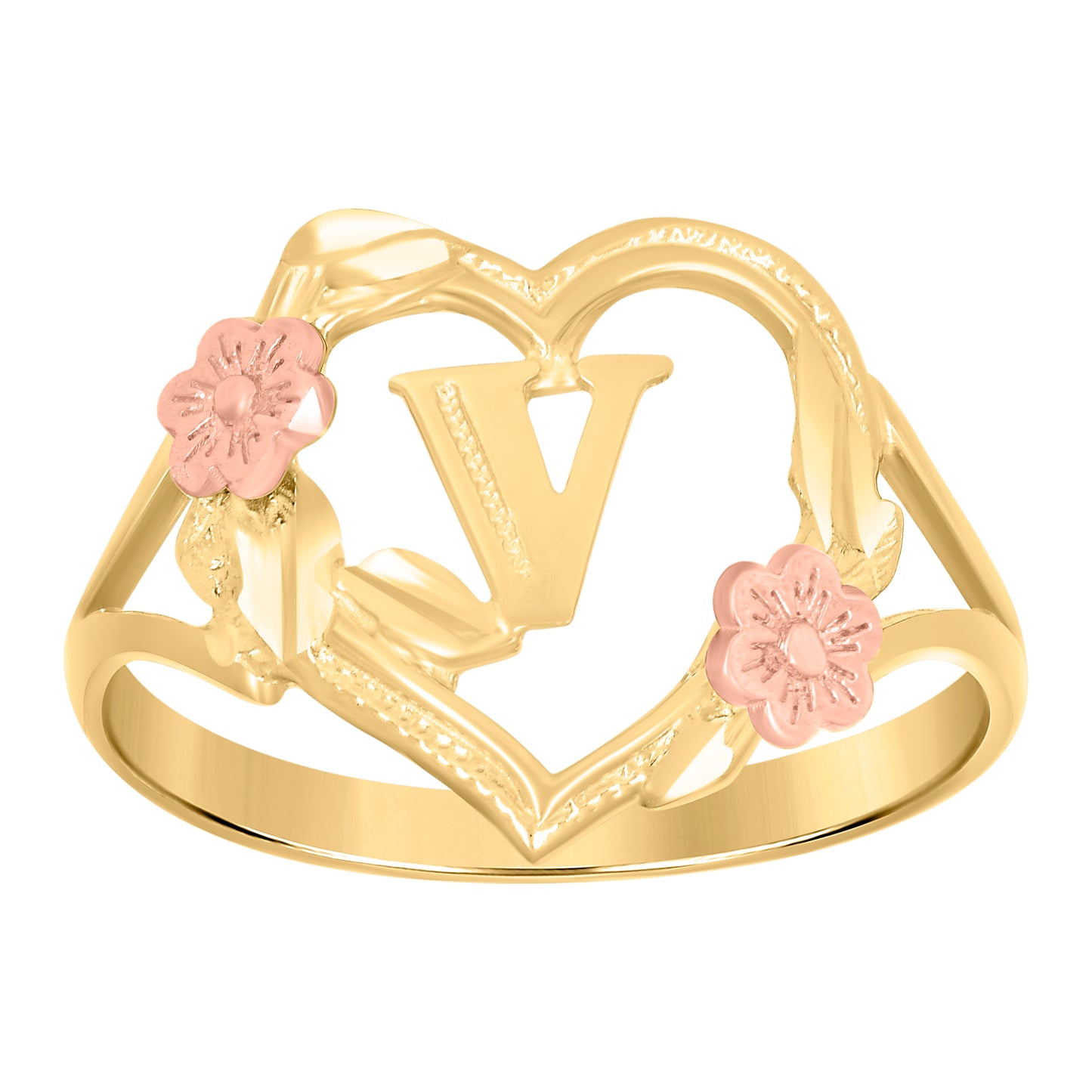 10K Two-Tone Gold Womens Diamond Cut Textured Initial Letter Heart Bridal Anniversary Engagement Wedding Band Ring