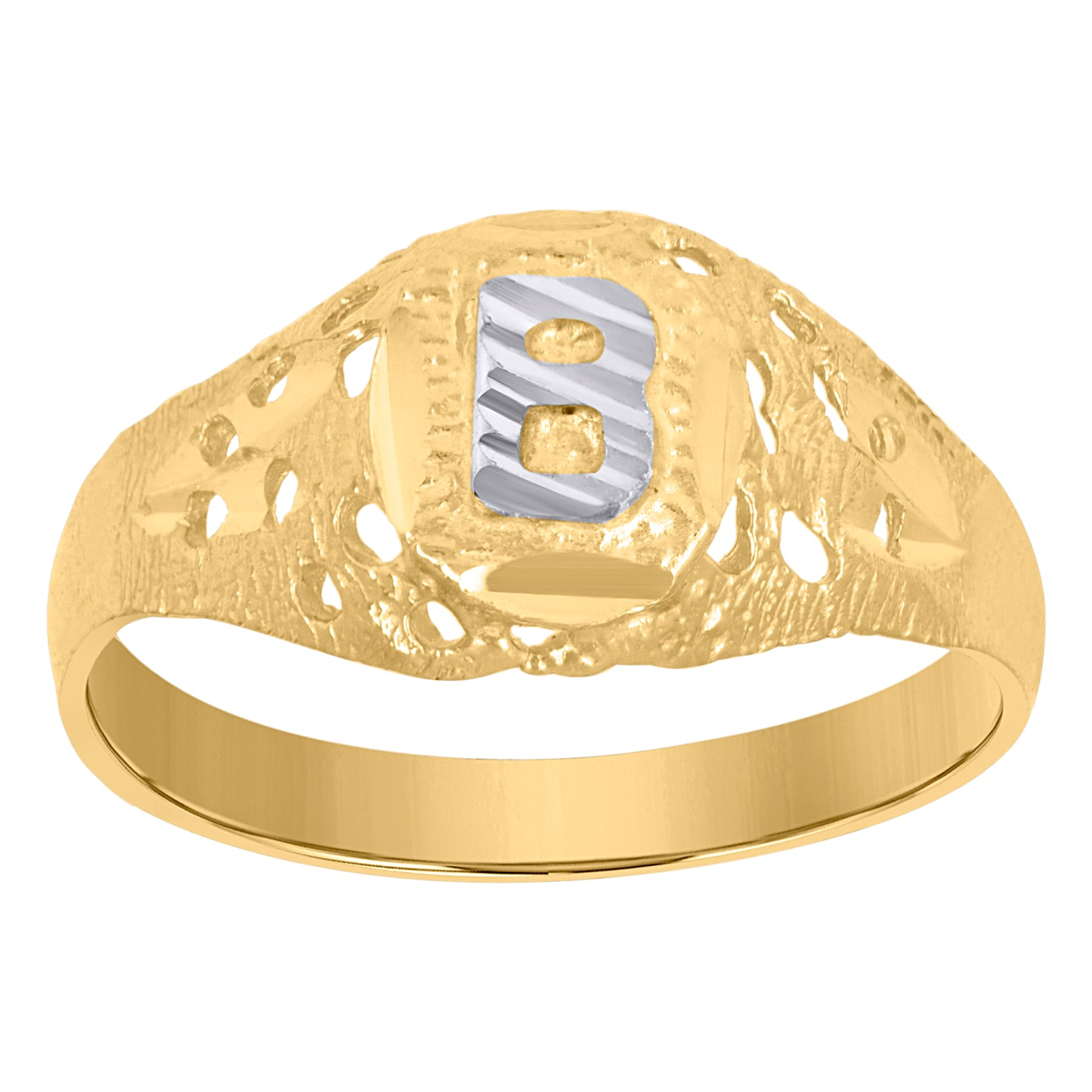 10K Two-Tone Gold Mens Diamond-Cut Textured Oval Initial Letter Band Ring