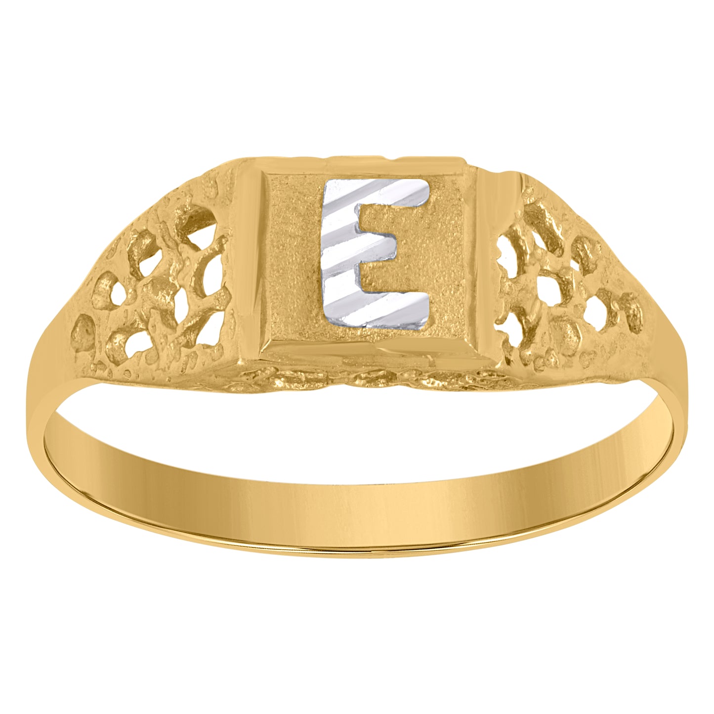 10K Two-Tone Gold Mens Diamond-Cut Textured Oval Initial Letter Band Ring