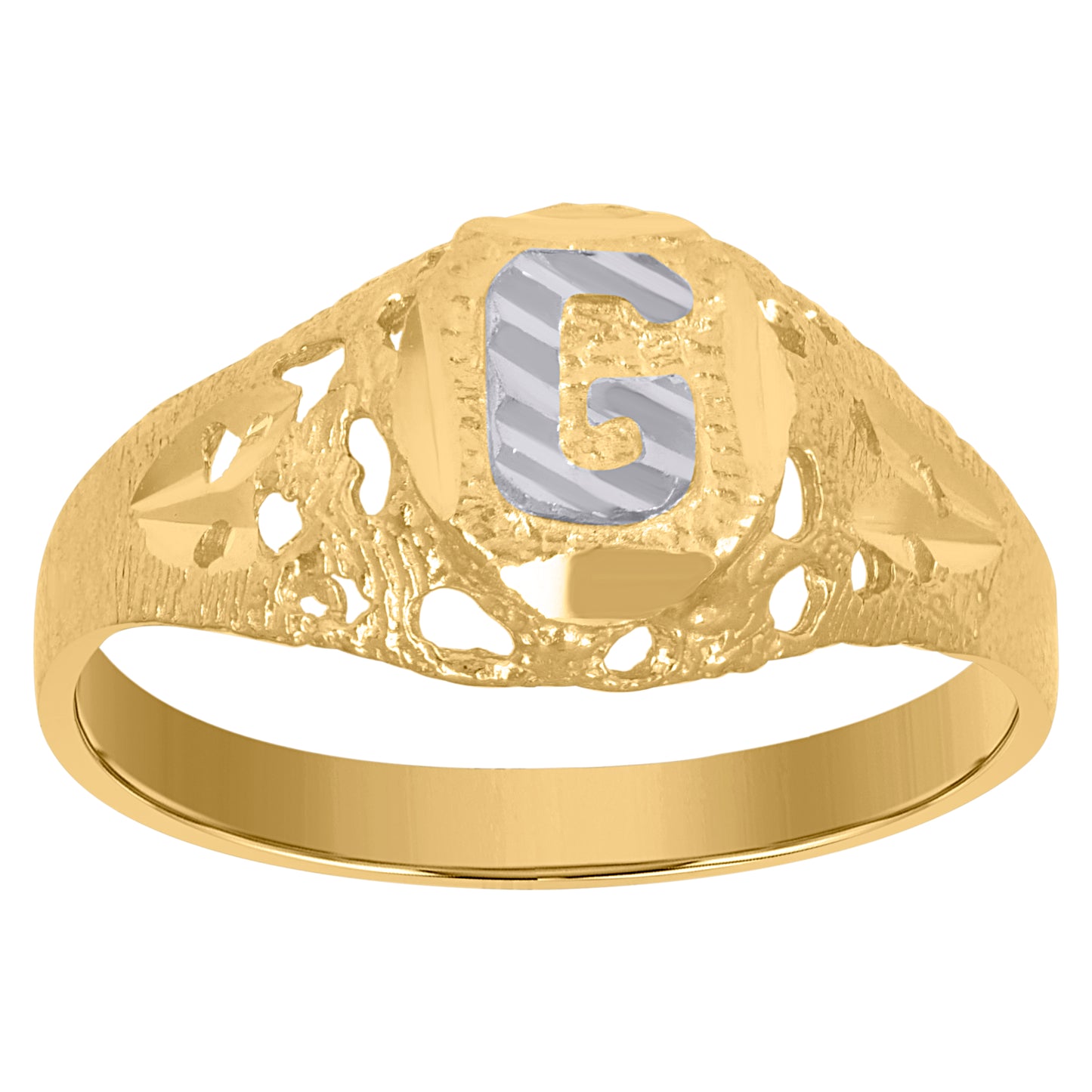 10K Two-Tone Gold Mens Diamond-Cut Textured Oval Initial Letter Band Ring