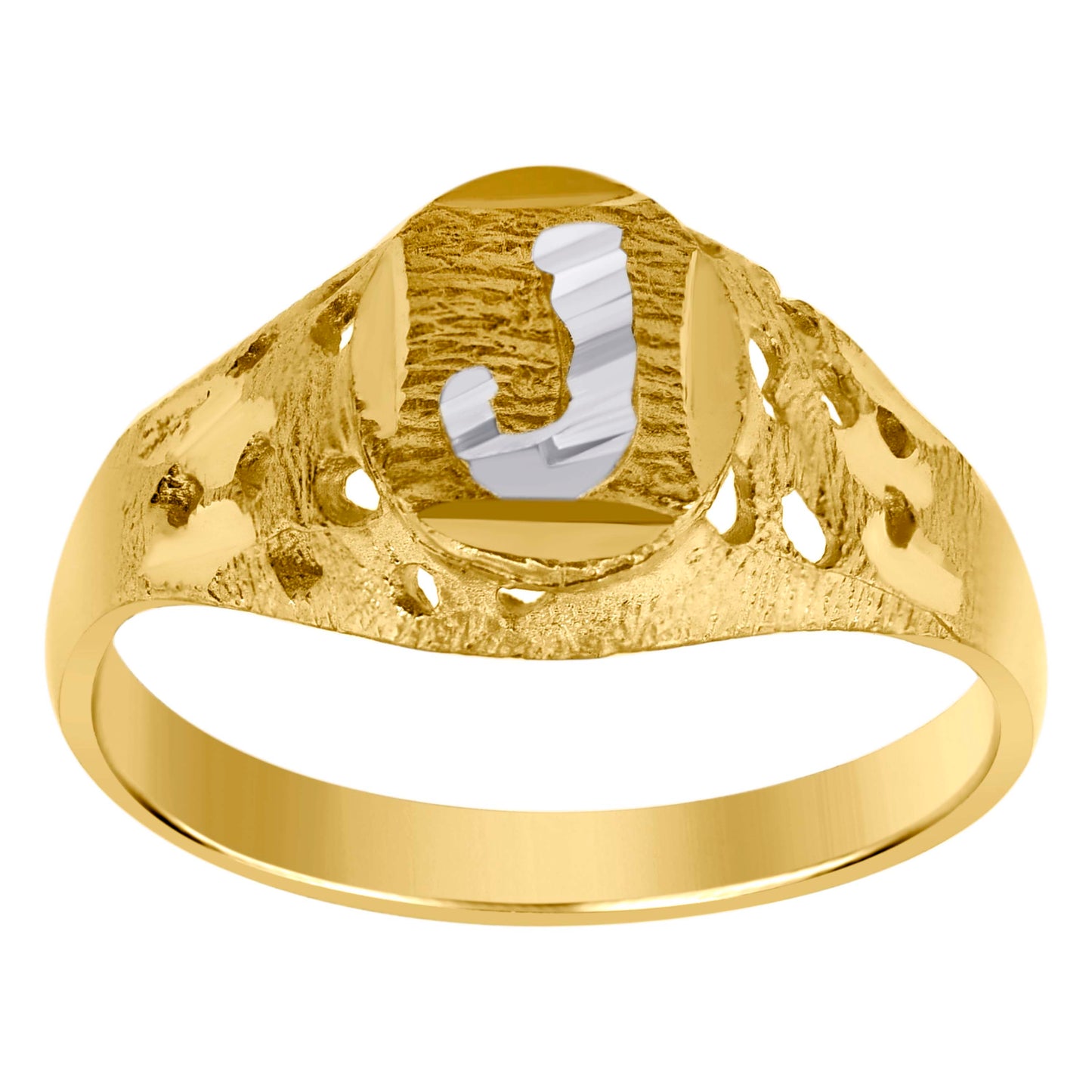 10K Two-Tone Gold Mens Diamond-Cut Textured Oval Initial Letter Band Ring