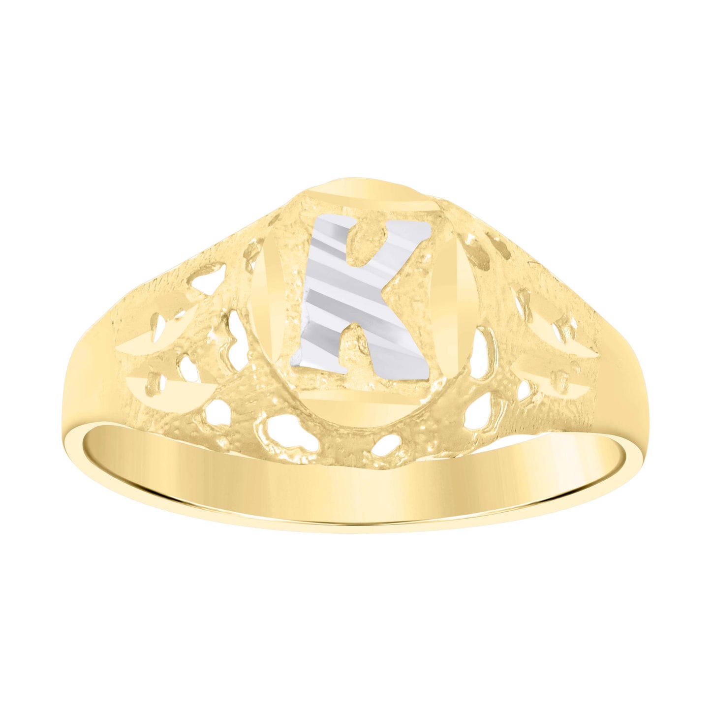 10K Two-Tone Gold Mens Diamond-Cut Textured Oval Initial Letter Band Ring