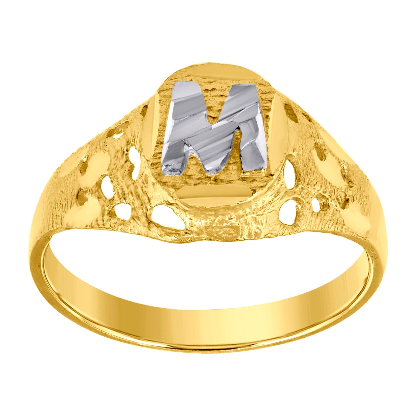 10K Two-Tone Gold Mens Diamond-Cut Textured Oval Initial Letter Band Ring
