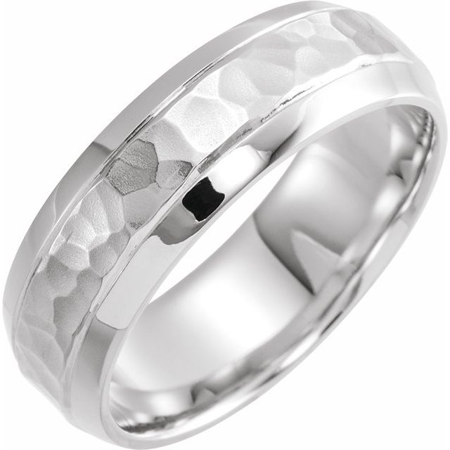 14K Yellow Or White Or Rose Gold Or Sterling Silver Or Platinum Polished Beveled-Edge Comfort-Fit Band With Hammer Finish