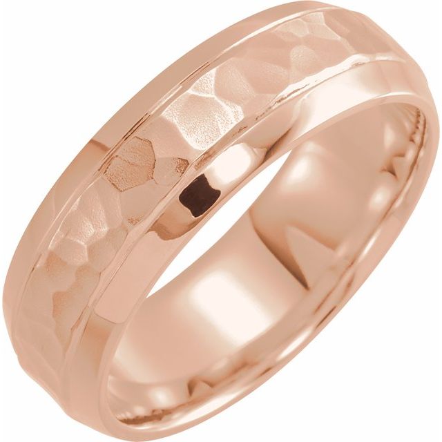 14K Yellow Or White Or Rose Gold Or Sterling Silver Or Platinum Polished Beveled-Edge Comfort-Fit Band With Hammer Finish