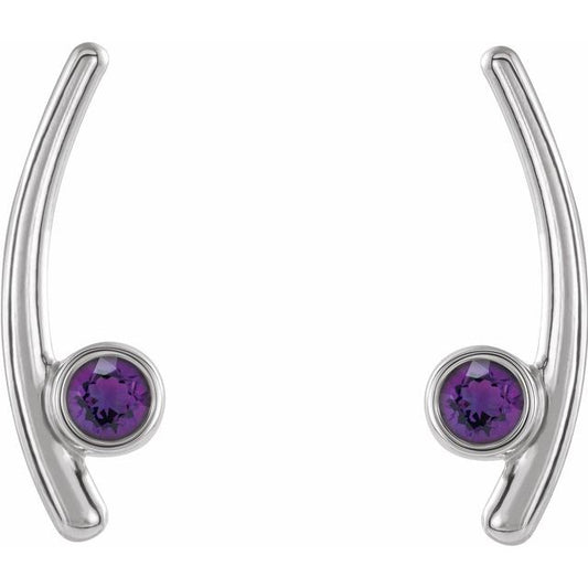 14K White Gold 3 Mm Round Friction Back Polished Natural Amethyst Ear Climbers