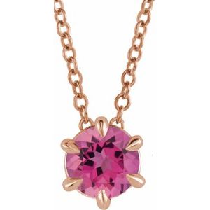 14K Rose Gold Round 5 Mm  Natural Pink Tourmaline Solitaire Necklace, Length: 18 In