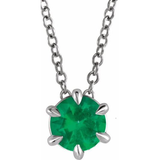 Sterling Silver Round 4 Mm 16-18 In Polished Lab-Grown Emerald Solitaire Necklace