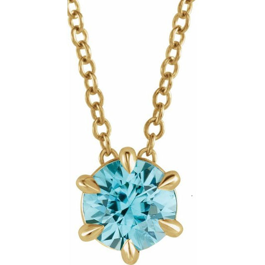 14K Yellow Gold Round 5 Mm 16-18 In Polished Natural Aquamarine Solitaire Necklace