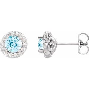 14K White Gold Round 6 Mm Aquamarine And 1/4 Ctw Natural Diamond Earrings