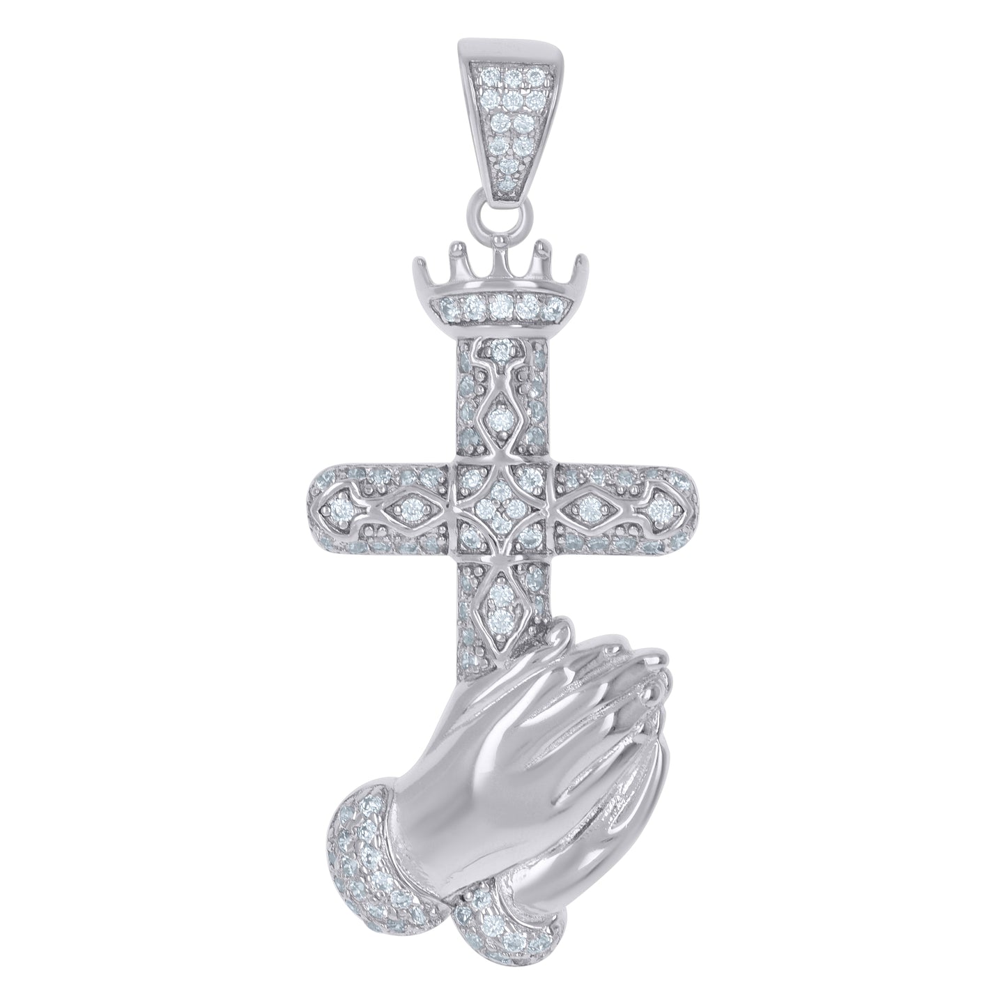 Sterling Silver Men Cubic-Zirconia Praying Hands Cross Religious Charm Pendant