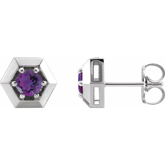 Sterling Silver Round Pair 4 Mm Friction 6-Prong Polished Solitaire Hexagon Stud Earrings