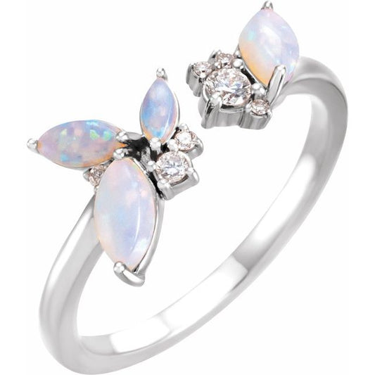 14K White Or Rose Gold Polished Natural White Opal And 1/10 Ctw Natural Diamond Ring, Size 7