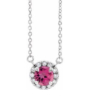14K White Gold Round 6Mm G-H I1 Natural Pink Tourmaline And 1/6 Ctw Natural Diamond Necklace, Length: 18 In