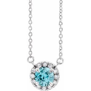 14K White Gold Round 6Mm G-H I1 Natural Blue Zircon And 1/6 Ctw Natural Diamond Necklace, Length: 16 In