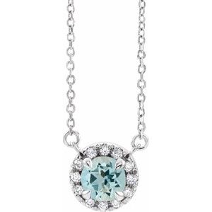 14K White Gold Round 6.5Mm G-H I1 Natural Aquamarine And 1/6 Ctw Natural Diamond Necklace, Length: 16 In