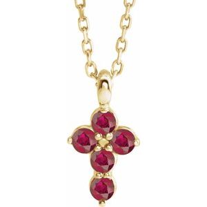 14K Yellow Gold Round 11.5 X 6.1 Mm 2 Mm Natural Ruby Cross 16-18 In Necklace