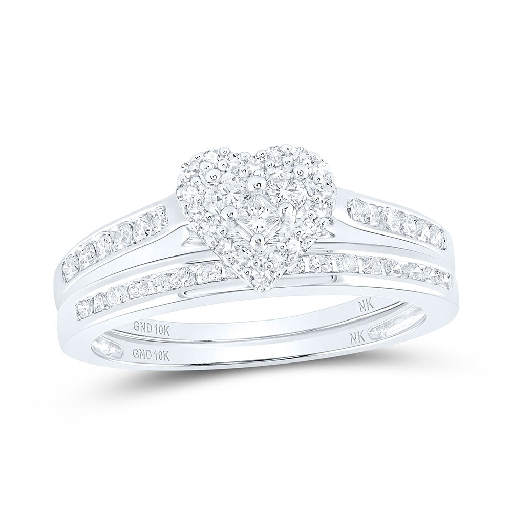 10K White Or Yellow Gold Diamond Heart Bridal Wedding Ring Band Set , Womens Size: 5-10