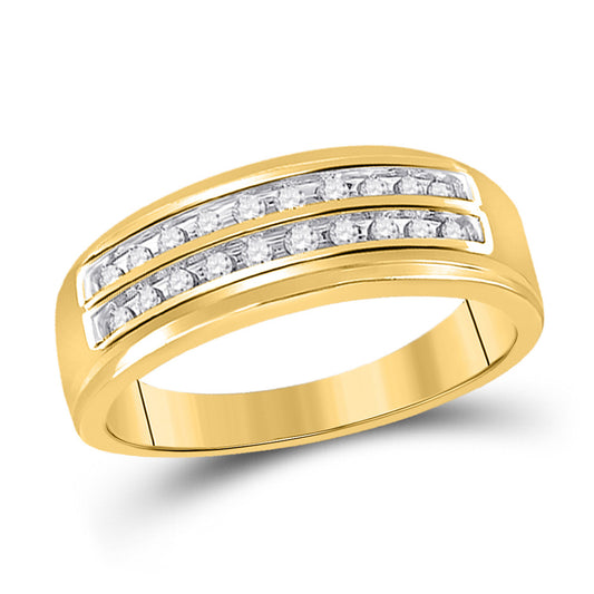 14K Yellow Gold Mens Round Diamond Wedding 2-Row Band Ring 1/4 Cttw, Mens Size: 7-13