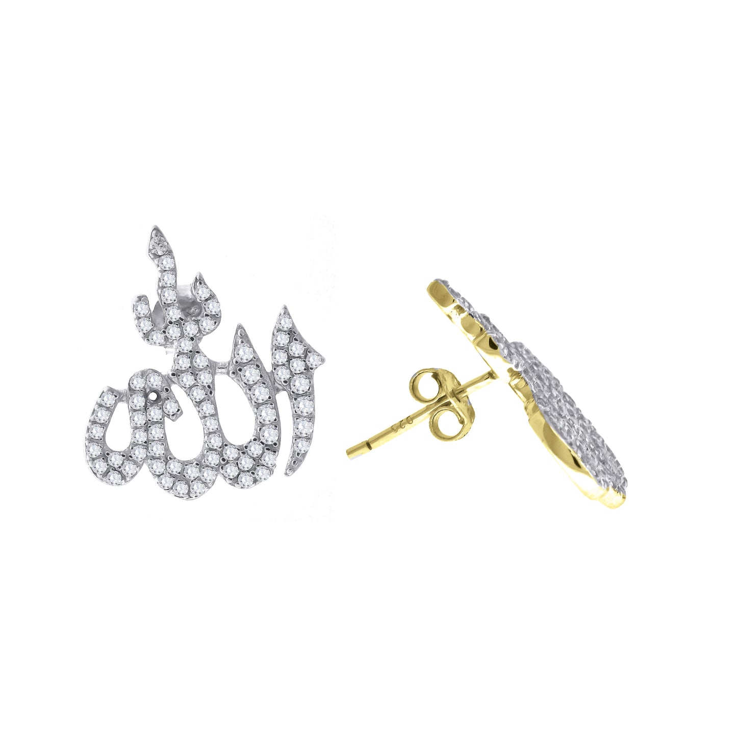 Sterling Silver Or Yellow-Tone Unisex Cubic Zirconia Allah Religious Stud Earrings