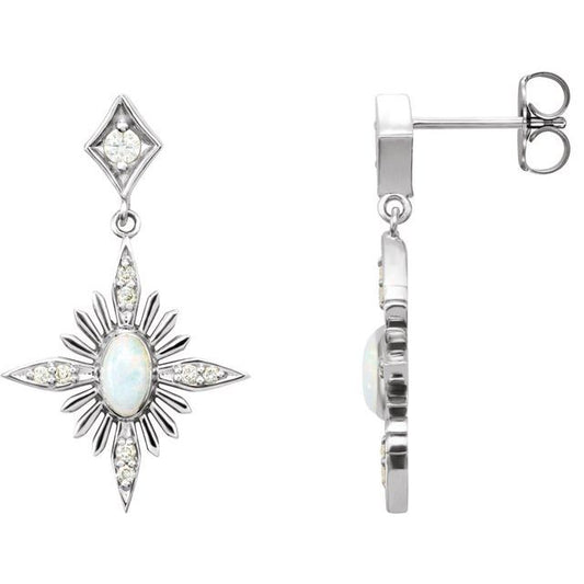 14K White Gold Oval 5 X 3 Mm Friction Backs Polished Natural Opal And 1/6 Ctw Natural Diamond Earrings