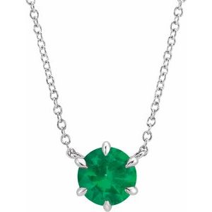 14K White Gold Round 6 Mm  Lab-Grown Emerald Solitaire Necklace, Length: 18 In
