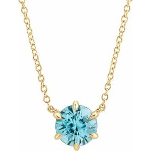 14K Yellow Gold Round 6 Mm  Natural Blue Zircon Solitaire Necklace, Length: 18 In