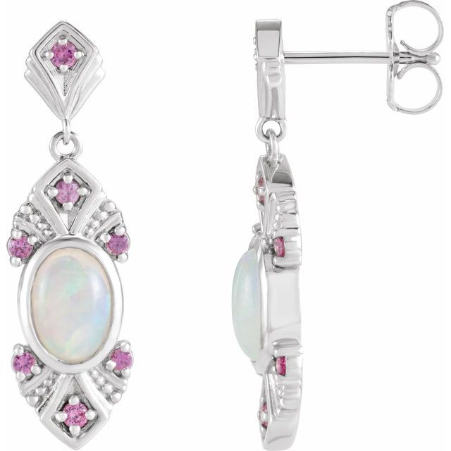 14K White Gold Oval 7 X 5 Mm Friction Backs Polished Natural Ethiopian Opal And Pink Sapphire Earrings