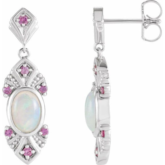 14K White Gold Oval 7 X 5 Mm Friction Backs Polished Natural Ethiopian Opal And Pink Sapphire Earrings